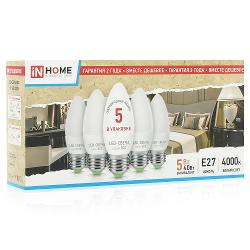 Упаковка ламп 5 шт IN HOME LED-СВЕЧА-ECO 5Вт 230В Е27 4000К 375Лм - характеристики и отзывы покупателей.